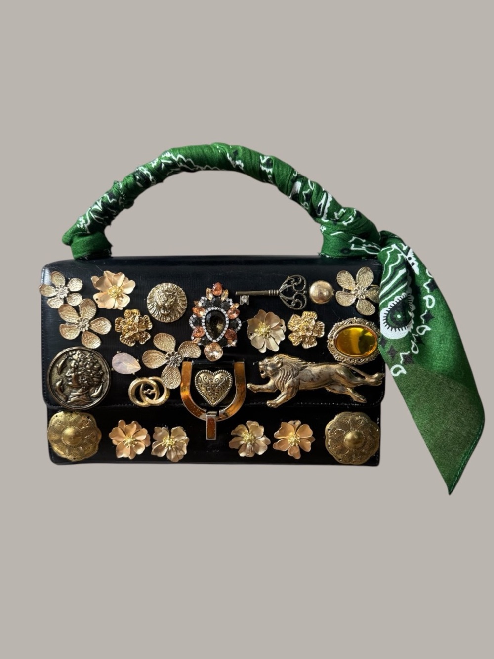 Vintage Up Cycled Embellished Black Top-Handle Bag with Green Scarf Accent